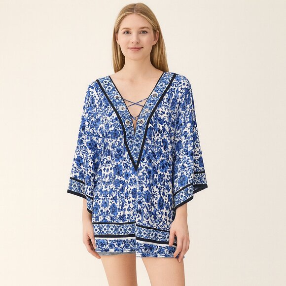 Nanette Lepore Blue White Boho Tie V-neck Floral Tunic Top Kaftan Coverup Size M - Picture 1 of 14